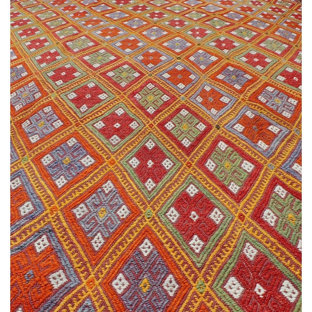Textile Mid 20th Century Vintage Turkish Embroidered Jijim Kilim With All-Over Diamond Design in Bright Colors For Sale - Image 7 of 13