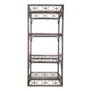 Vintage Rattan Bamboo Etagere With Glass Shelves, Coastal Palm Beach Regency, 74" For Sale