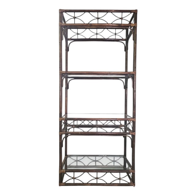 Vintage Rattan Bamboo Etagere With Glass Shelves, Coastal Palm Beach Regency, 74" For Sale