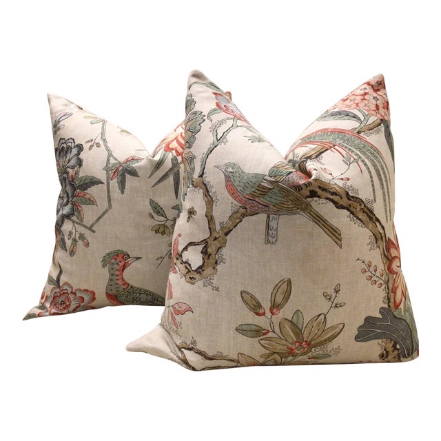 Anna French for Thibaut “Villeneuve” in Coral on Flax Pillows- a Pair For Sale