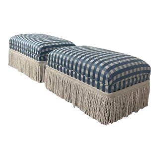 Tailored Ottomans in Schumacher Check Fabric With Samuel & Sons Fringe - Set of 2 For Sale