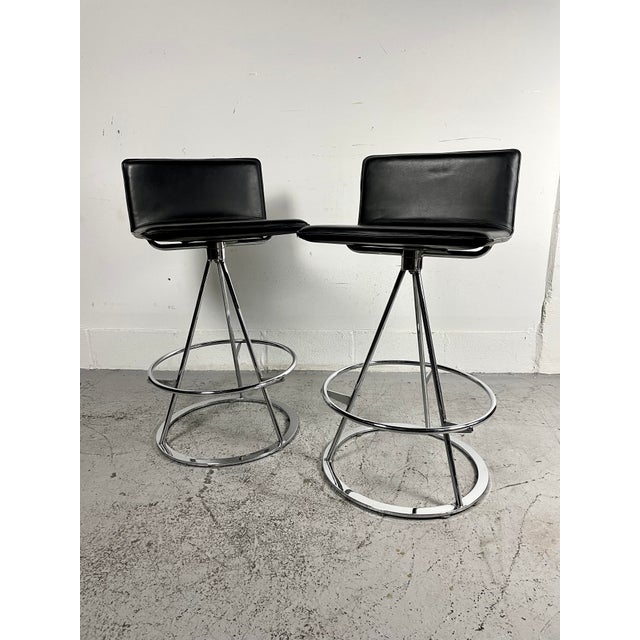 Vintage Italian Modern “Dania” High Bar Stools in Leather & Chrome by