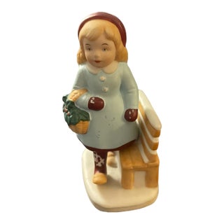 Vintage 1983 Holiday Cheer Girl on Bench Porcelain Figurine For Sale