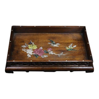 Wooden Tea Tray With Mother-of-Pearl Floral and Bird Inlay For Sale