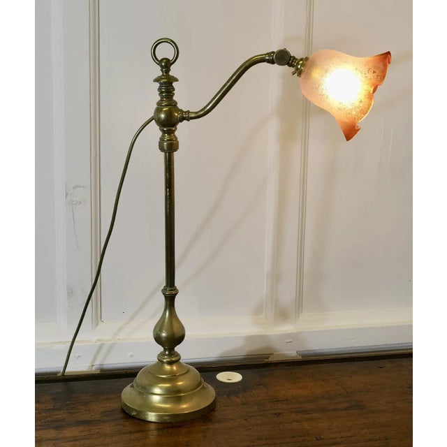 French Brass Desk/Table Lamp with Detailed Pink/Amber Glass Shade, 1890s For Sale - Image 10 of 11