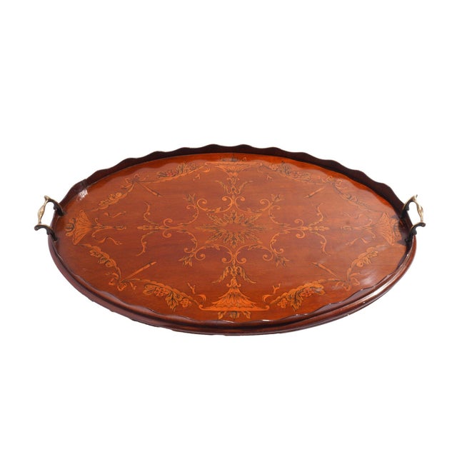 English Mahogany Oval Inlaid Serving Tray With Scalloped Gallery, C. 1800's For Sale - Image 4 of 15
