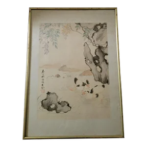 SIgned Vintage Framed Chinese Silk Watercolor Painting of Ducks