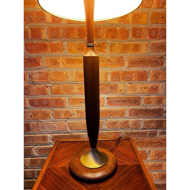 1960s Vintage 1960’s Mid-Century Modern Danish Teak Drum Shade Table Lamp With Brass Accents For Sale - Image 5 of 8