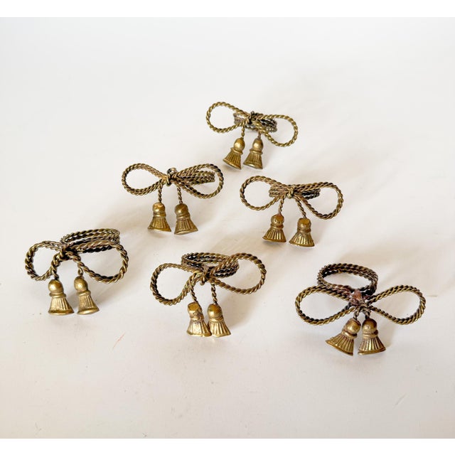 Vintage Brass Tassel Bow Napkin Rings - Set of 6 For Sale In Dallas - Image 6 of 7