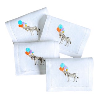 Hand Embroidered Party Zebra Cocktail Napkins- Set of 4 For Sale