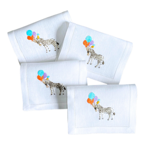 Hand Embroidered Party Zebra Cocktail Napkins- Set of 4