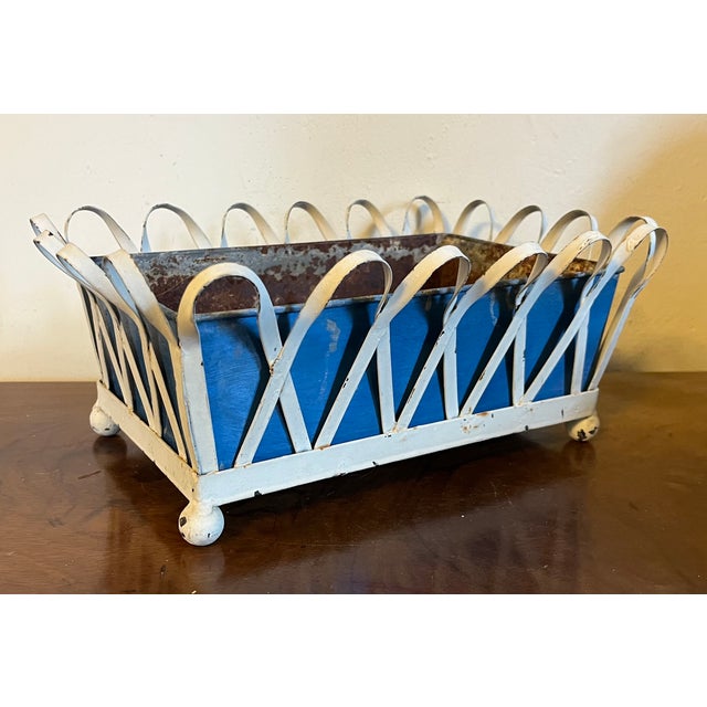 Art Deco 1930's White Painted Zinc Basketweave Cachepot Planter or Jardiniere With Blue Tole Liner on Ball Feet For Sale - Image 3 of 14
