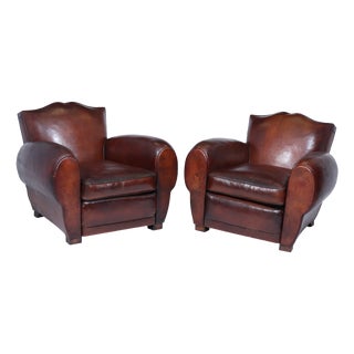Art Deco French Moustache Back Leather Club Chairs, 1930, Set of 2 For Sale