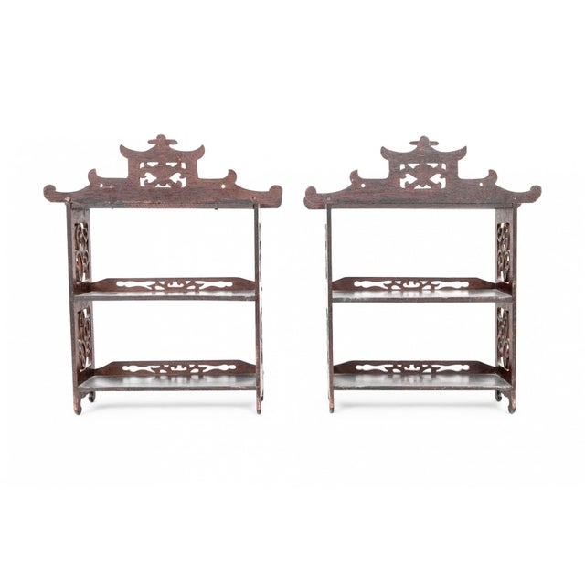 Chinoiserie Vintage Century Mahogany Three-Tier Pagoda Wall Shelf—A Pair For Sale - Image 3 of 9