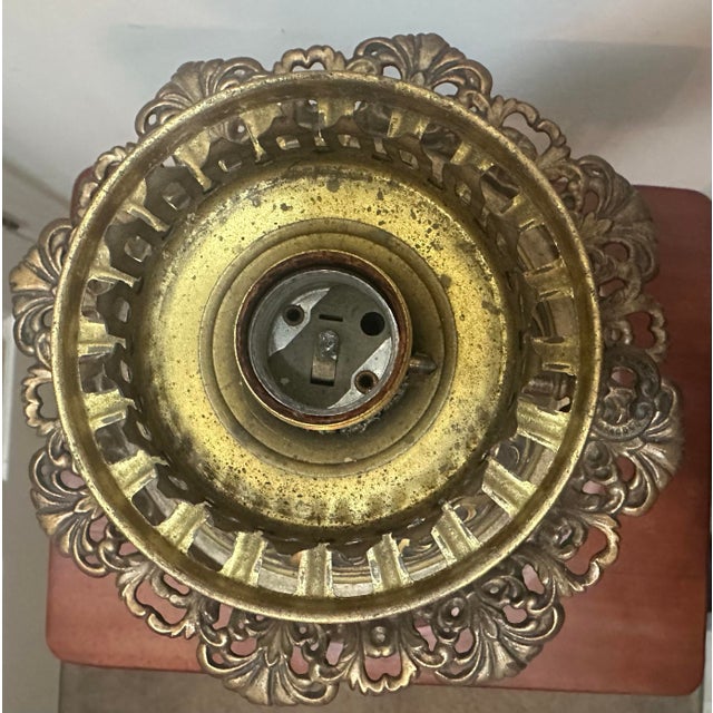 Metal Antique Victorian Electrified “GWTW”Oil Lamp With Hand-Painted Floral Double Glass Shades For Sale - Image 7 of 13