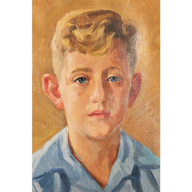 Hans Christian Barenholdt Figurative Yellow and Blue-Toned Realistic Impressionist Portrait of a Boy, 1940s For Sale - Image 4 of 10