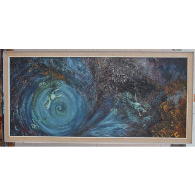 Green Vintage Mid Century Dragon Abstract Oil Painting by Rosemary Watson For Sale - Image 8 of 8