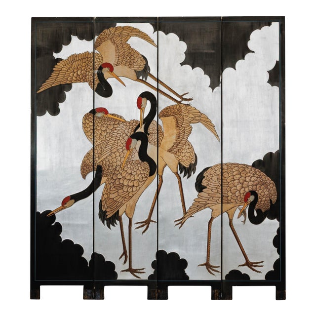 Vintage Chinese Four-Panel Screen with Silver Ground and Hand-Painted Cranes For Sale