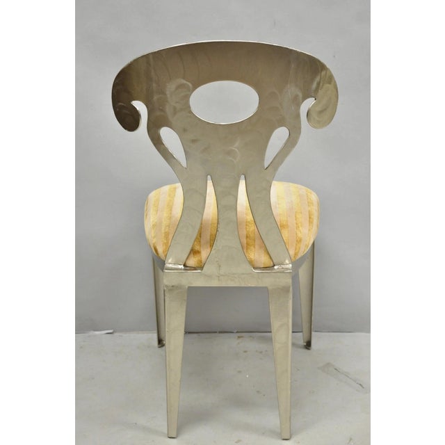Vintage Postmodern Regency Style Brushed Steel Spade Back Dining Chairs Set of 4 For Sale - Image 15 of 18