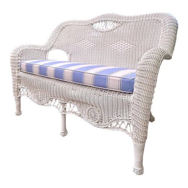 Coastal Henry Link Vintage White Wicker Outdoor Settee With Blue Stripe Cushion For Sale - Image 3 of 8