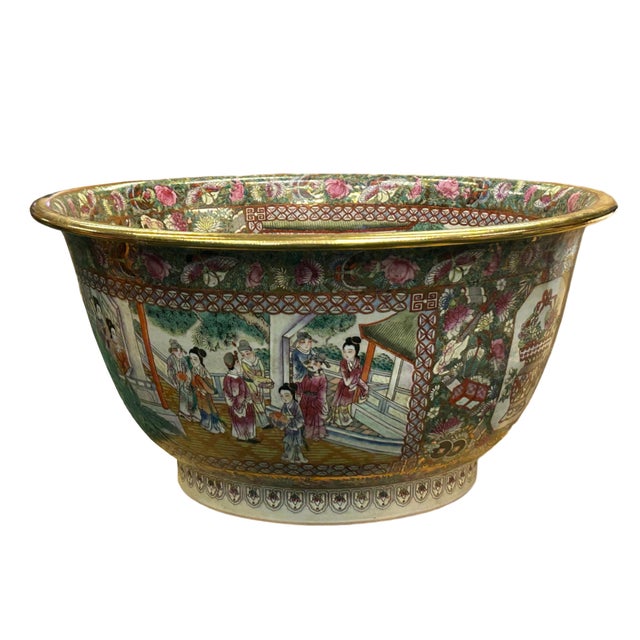 1970s Vintage Chinese Famille Rose People House Graphic Large Porcelain Bowl Pot For Sale - Image 5 of 12