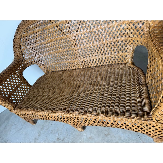 Vintage Coastal Rattan & Wicker Loveseat With Original Cushions For Sale - Image 9 of 12