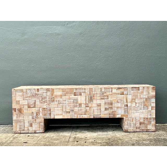 Vintage Geometric Patterned Wood Bench For Sale - Image 4 of 12