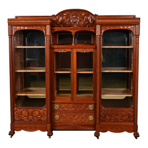 R. J. Horner Style Antique Victorian Carved Cherry Wood Triple Bookcase, Circa 1880s