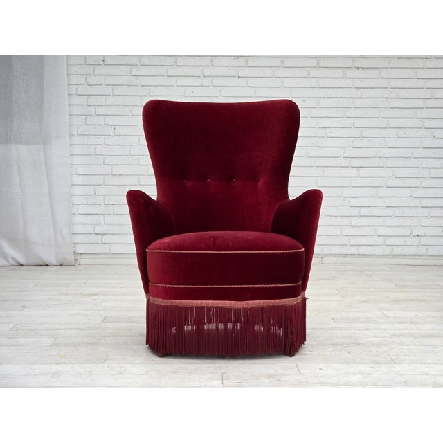 Danish Armchair in Cherry-Red Velour with Ash Legs, 1970s For Sale - Image 17 of 17