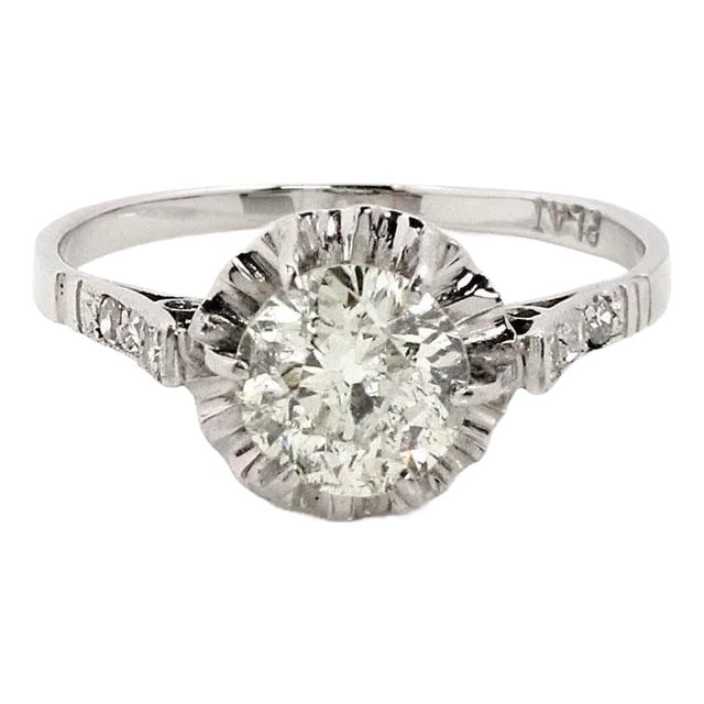 Art Deco 1.49ct European Cut Solitaire Accent Diamond Platinum Ring For Sale