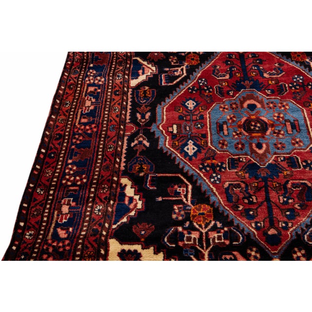 Vintage Handmade Persian Navy Blue Medallion Wool Rug 6'3" X 9'4" For Sale - Image 9 of 11