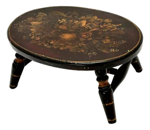 Beautiful Antique American Hand Made Wood Footstool With Faux Rosewood Grained & Hand Painted Tole Style Decorated Features