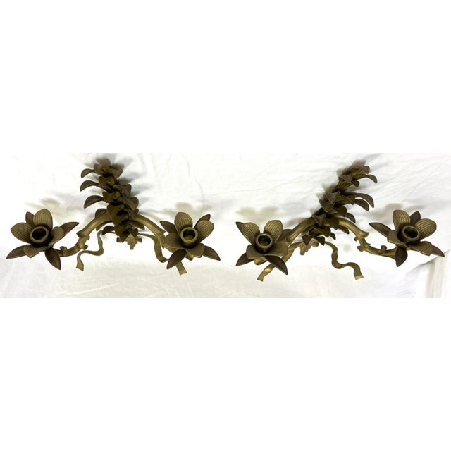 Metal Hollywood Regency Heavy Brass La Barge Style 2-Candle Wall Sconces- a Pair For Sale - Image 7 of 12