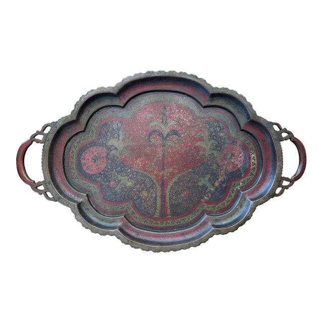 Antique Indo Persian Brass Tray With Red Lacquer Inlay, Hand Etched Jaipur Brassware, Vintage Scalloped Handled Serving Tray For Sale