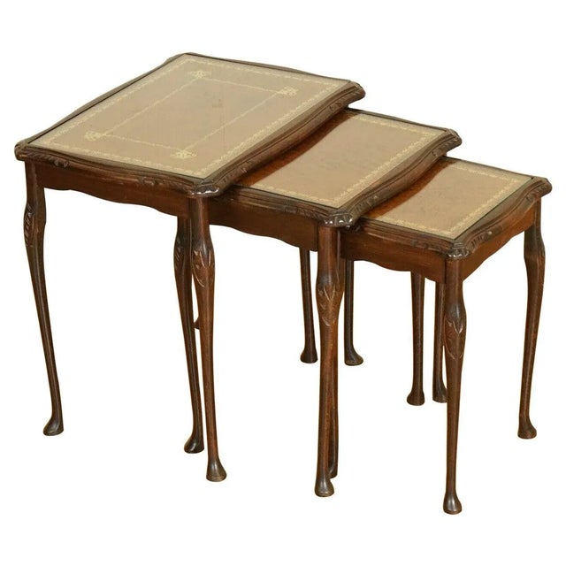 Mahogany Nest of Tables with Queen Anne Style Legs and Leather Top For Sale - Image 13 of 13