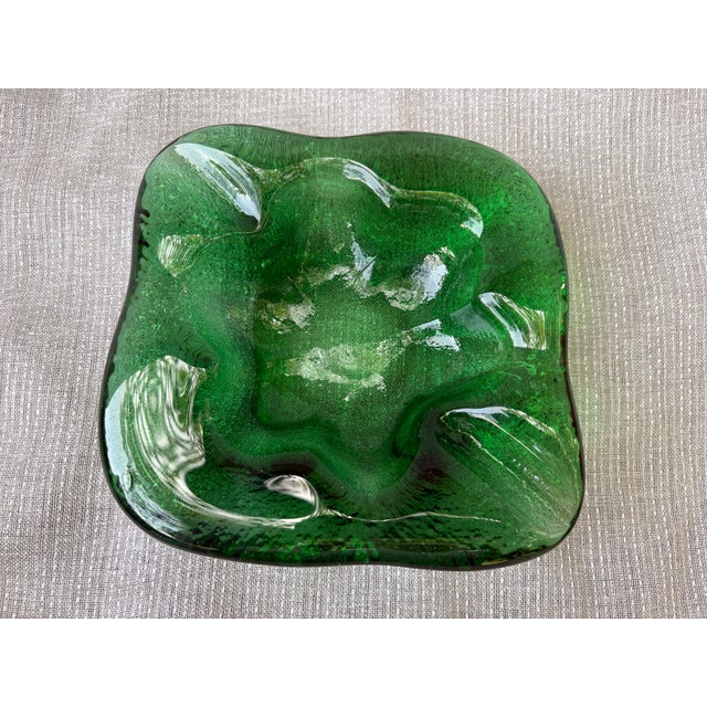 Chunky vintage hand blown, Blenko style, green glass catchall, ashtray. The underside is slightly textured, top smooth...