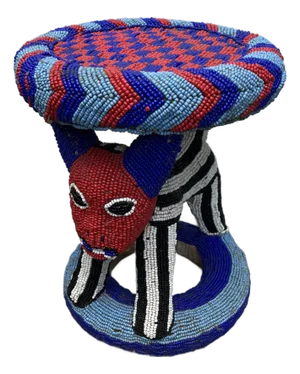 1970s Red and Blue Wooden Hand Beaded African Stool