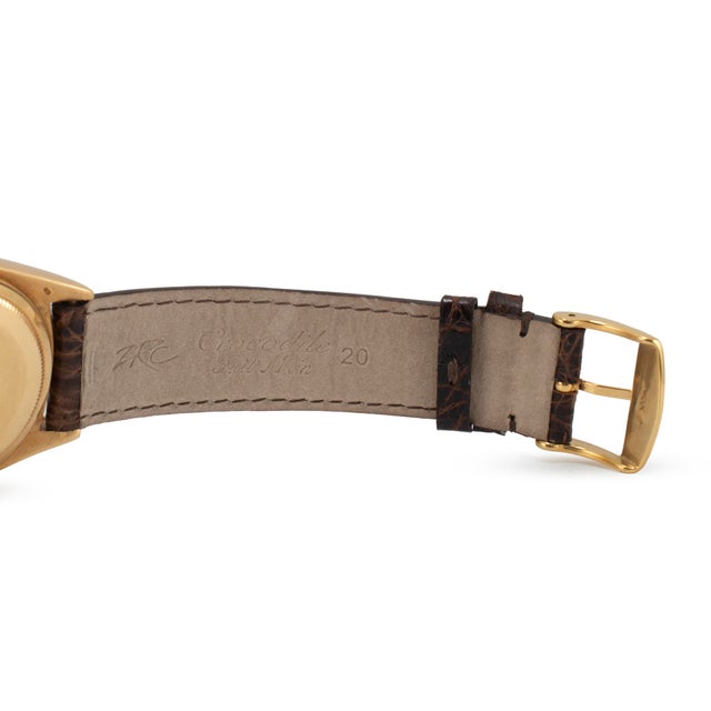 Brown Vintage Rolex Day Date 36mm 18038 Spanish Wood Dial Brown Leather 18k Gold Watch For Sale - Image 8 of 10