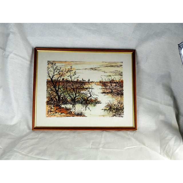 View of marsh, church in the distance. Watercolor and felt. This melancholy setting evokes a marsh landscape full of...