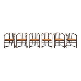Mid-Century Chairs in Bamboo and Patinated Cognac Leather, 1960s, Set of 6 For Sale