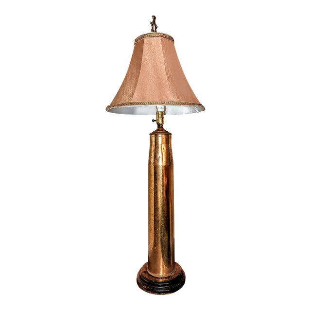 Signed Mid-Century Artillery Shell Lamp With Equally Interesting Shade and Finial For Sale