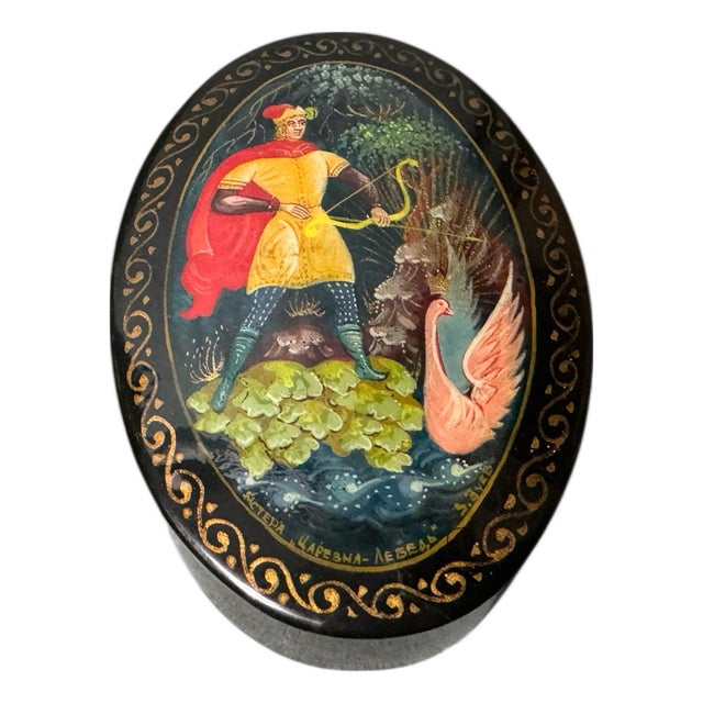 Vintage Hand Painted Lacquer Miniature Keepsake Box Tsar Saltan For Sale