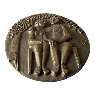 Vintage Egino Weinert Mid-Century Bronze Relief Plaque - Couple Under Tree For Sale