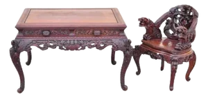 Antique Japanese Art Nouveau Dragon Carved 4 Drawer Partners Desk and Chair - Set of 2