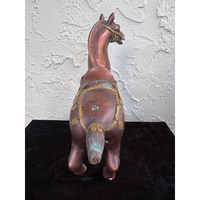 Vintage Pair of Patinated Bronze Horse Sculptures With Gilt Accents For Sale - Image 11 of 12