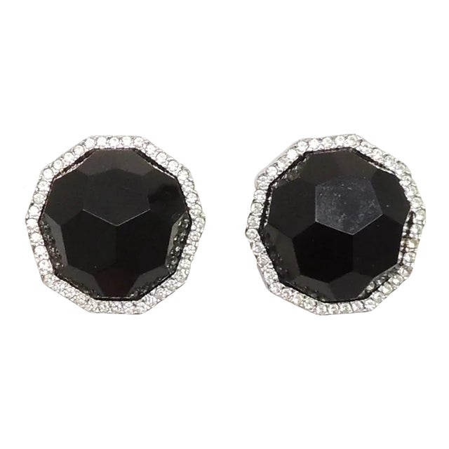 Vintage 1980s Signed Les Bernard Faceted Faux-Onyx & Clear Rhinestone Clip Earrings - 2 Pieces For Sale