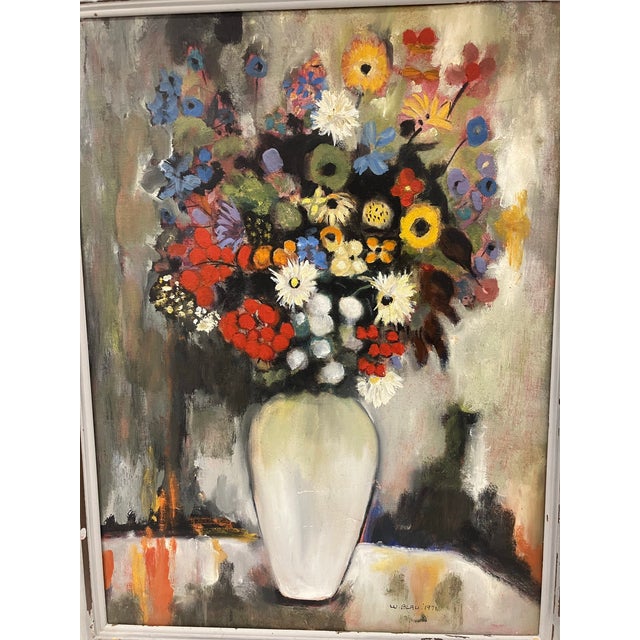 This vintage oil painting on canvas panel is signed W. Blau 1971 The floral is in the style of the French painter Odilon...