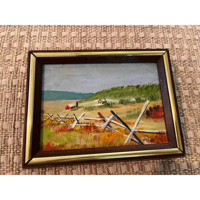 Charming vintage original landscape painting depicting a rural American countryside with rolling fields, small farmhouses...