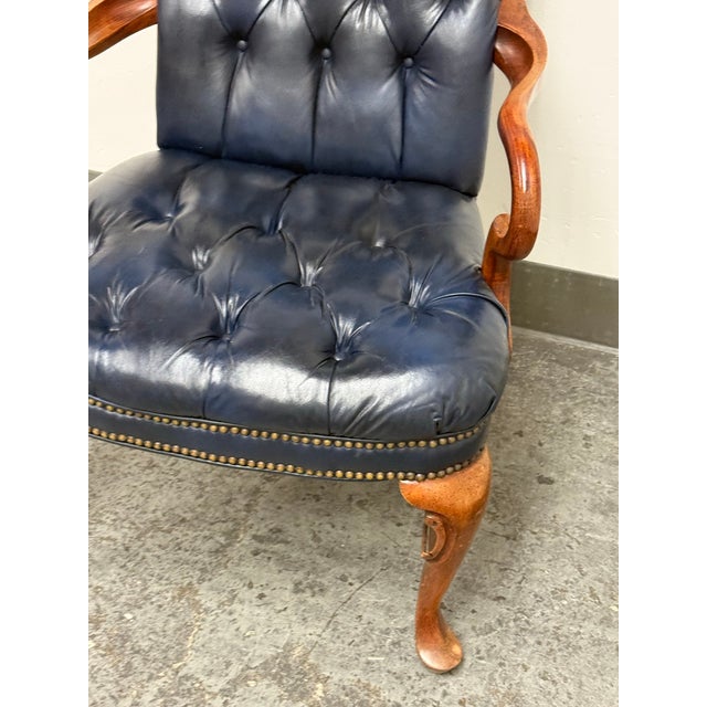 Animal Skin Queen Anne Style Tufted Blue Leather Armchair, Vintage For Sale - Image 7 of 14