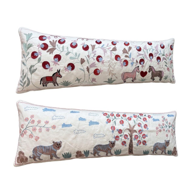 This beautiful 18'' x 56'' & 18'' x 54'' hand-embroidered Suzani pillow cover set was made from authentic Uzbek cotton...
